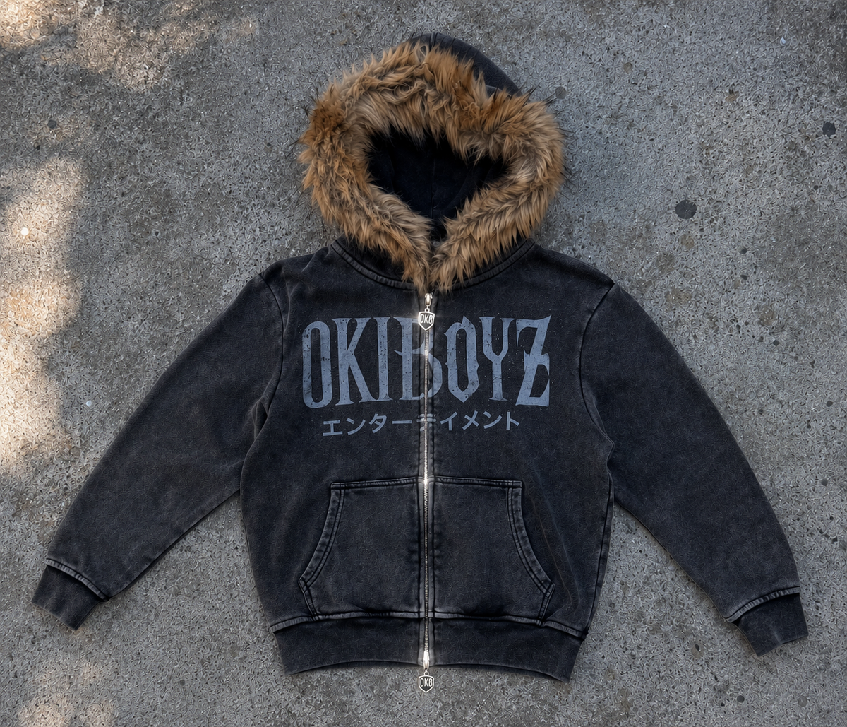 Okiboyz Stoned Wash Detachable Fur Hoodie